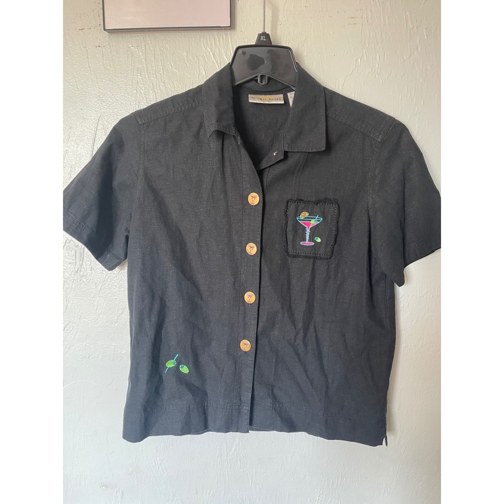 Black Button-Down Short Sleeve Shirt with Cocktail Embroidery